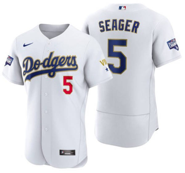 Men's Los Angeles Dodgers #5 Corey Seager White Gold MLB Championship Flex Base Sttiched Jersey Men's Los Angeles Dodgers #5 Corey Seager White Gold MLB Championship Flex Base Sttiched Jersey